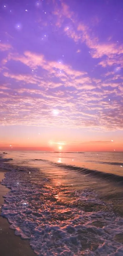 A serene beach sunset with purple and orange hues for mobile wallpaper.