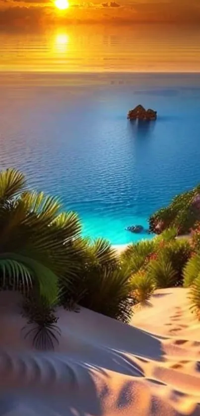 Serene sunset over ocean with beach and palms in vibrant hues.