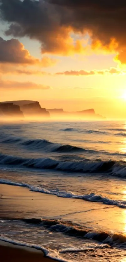 Tranquil beach sunset with golden waves and a vibrant sky over the horizon.