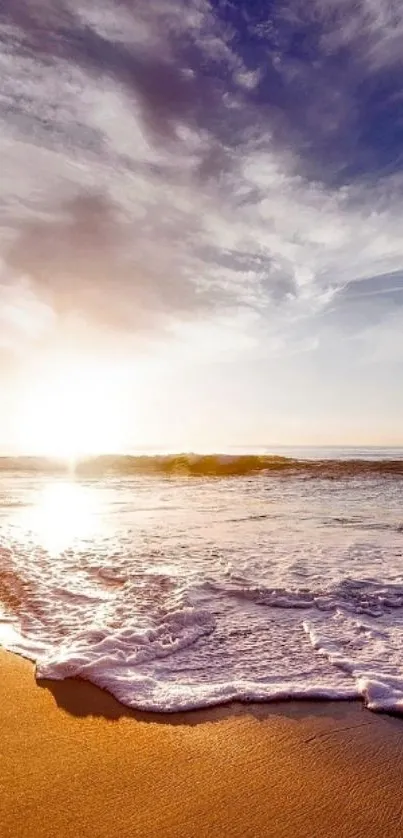 Serene beach sunset with purple sky and waves.