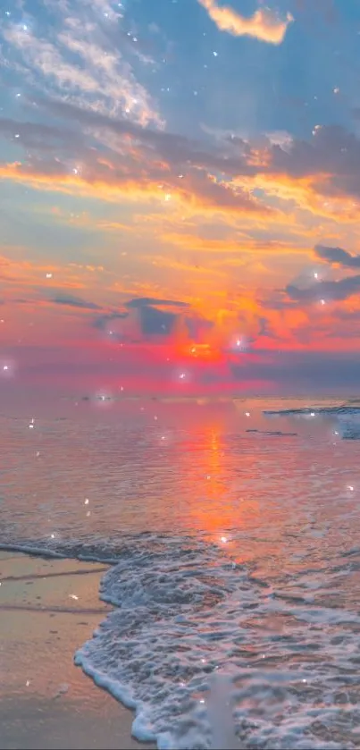 Serene beach sunset with calm waves and sparkling reflections.