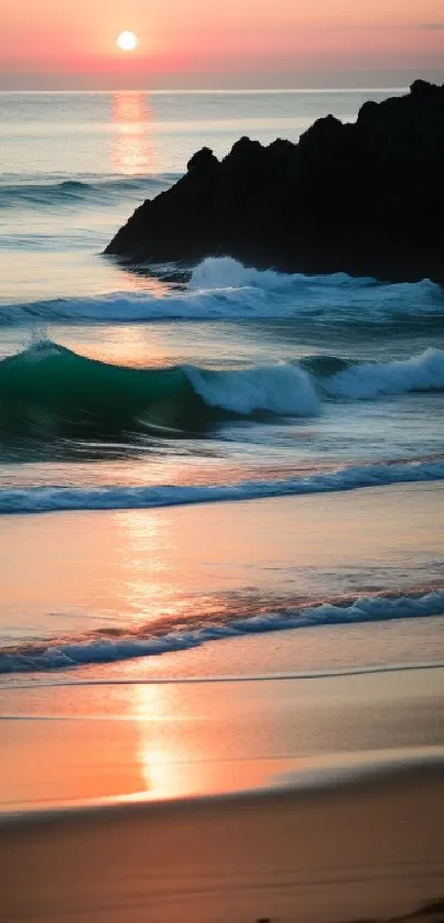 Peaceful beach at sunset with gentle waves and vivid colors.