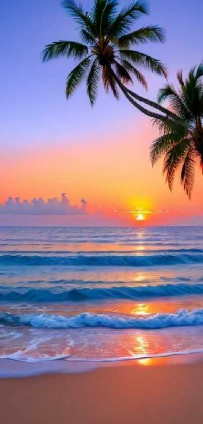 A serene beach sunset with palm trees and vibrant colors on a tranquil ocean.