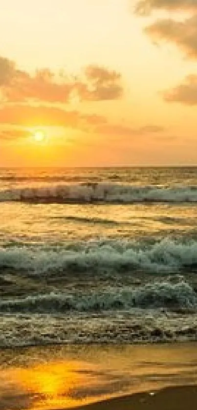 A stunning golden sunset over ocean waves at a peaceful beach.