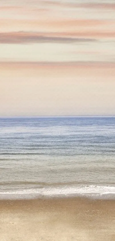 Serene beach sunset with pastel waves and sky.