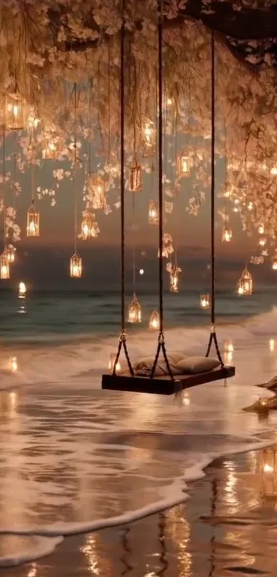 A swing at beach with glowing lanterns.