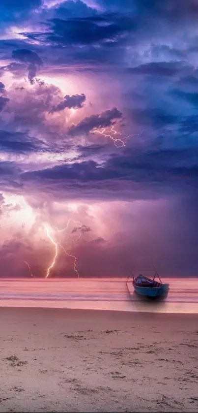 Boat rests on beach under dramatic lightning sky.