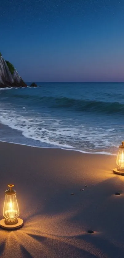 Serene beach at night with glowing lanterns and moonlight.