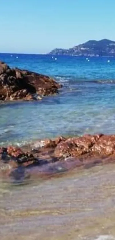 Serene beach wallpaper with ocean view and rocky shores under a clear blue sky.