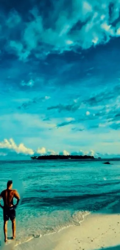 Man standing on a tranquil beach with vibrant turquoise ocean and sky.