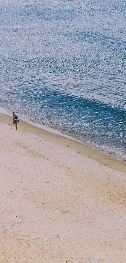 A scenic beach view with two people walking along the shore and gentle waves.