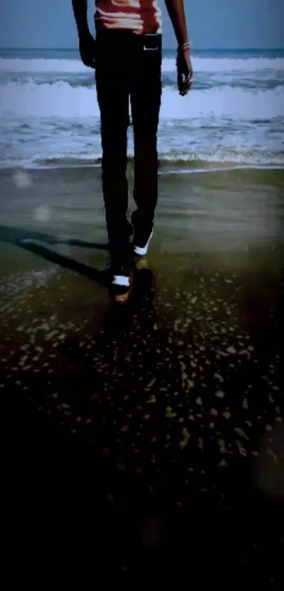 Person walking on a tranquil beach during sunset.