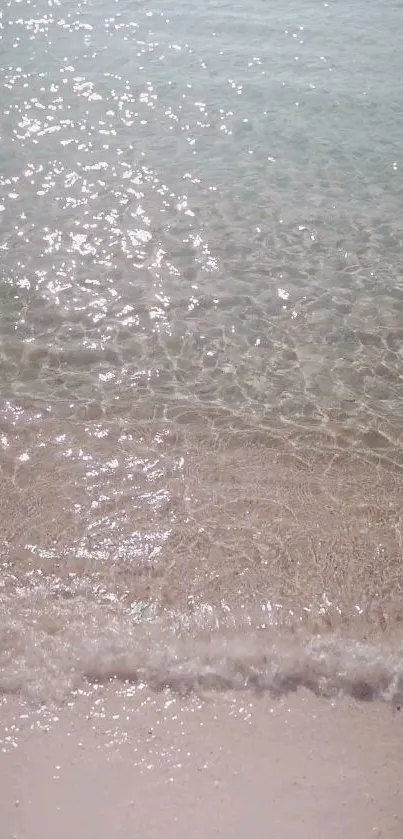 Tranquil beach scene with gentle waves and clear water reflecting sunlight.