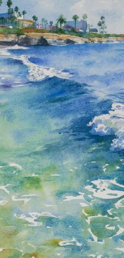 Watercolor painting of a serene beach with waves and palm trees.