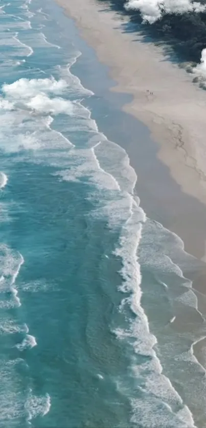 Calming beach wallpaper with waves and sandy shore.