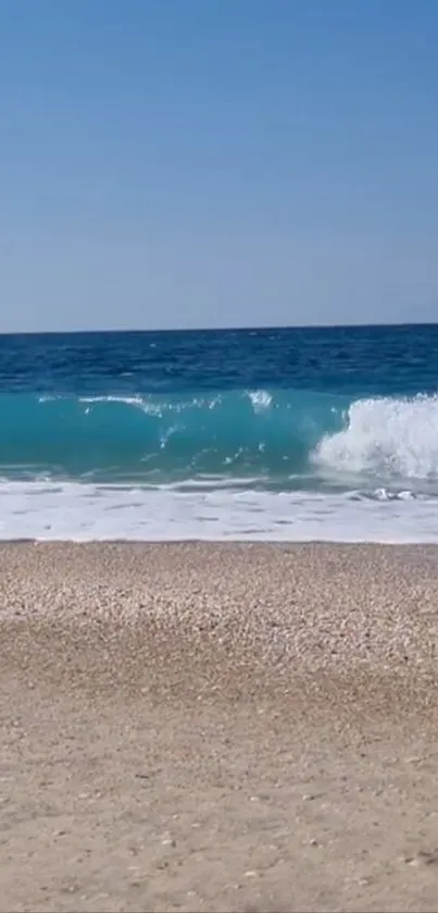 Serene ocean wave crashing on sandy beach under clear blue sky.