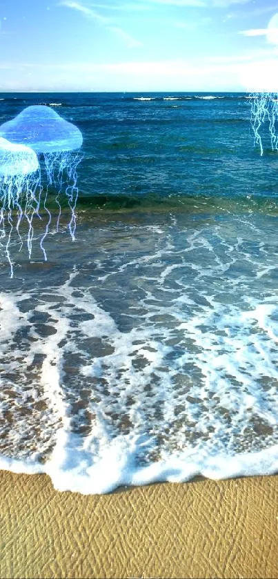 Serene beach wallpaper with ocean waves, sand, and seashells