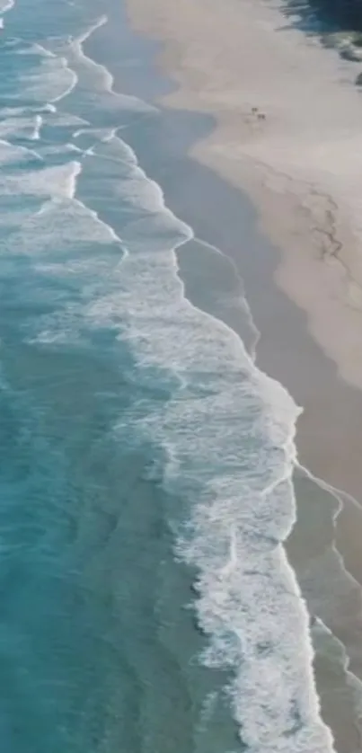 Aerial view of serene beach waves with calming teal blue hues.