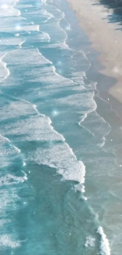 Serene beach with ocean waves crashing onto sandy shore under sunlight.