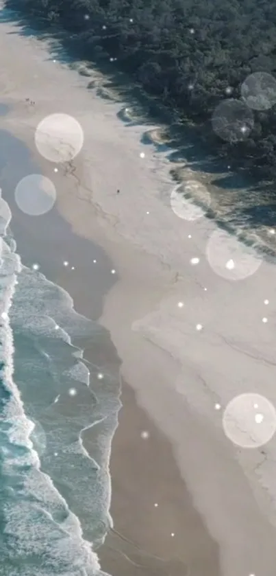 A serene beach with waves and soft bokeh lights along the shoreline.