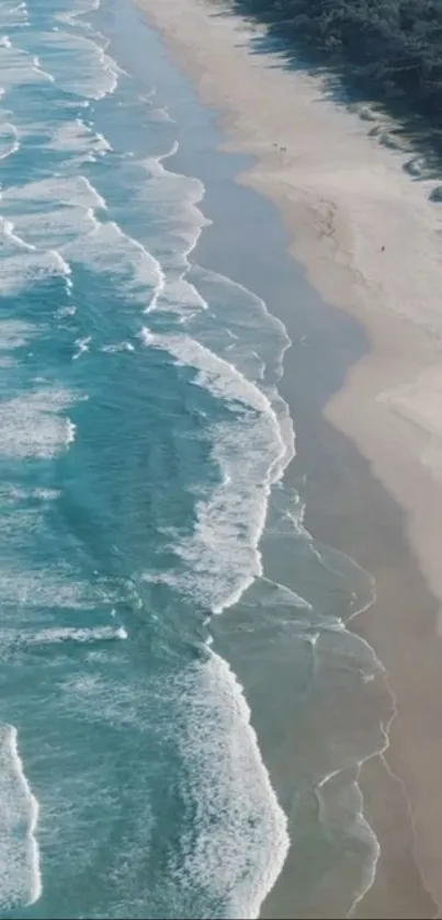 Aerial view of serene beach with turquoise waves.