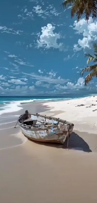 A serene beach with an old boat under palm trees and a blue sky.