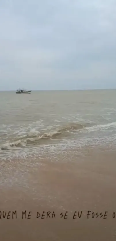 Serene beach with distant boat on calm ocean and cloudy sky.