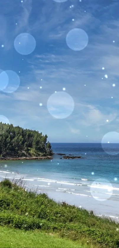 Scenic beach with bokeh effect and lush greenery.