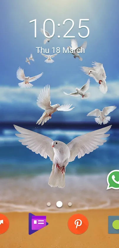 Mobile wallpaper with doves flying over a beach under a blue sky.