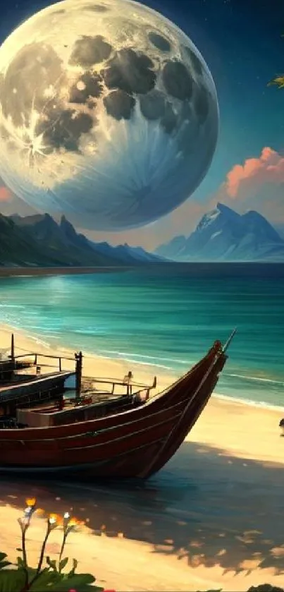 Scenic beach with a boat and a giant moon in the sky.