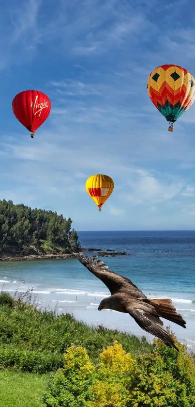 Hot air balloons soar over a serene beach.