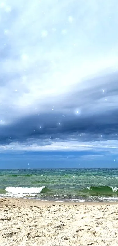 Scenic beach under a dramatic, cloudy sky.