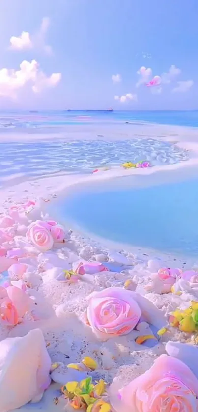 Serene beach with pastel roses and azure sea under a blue sky.