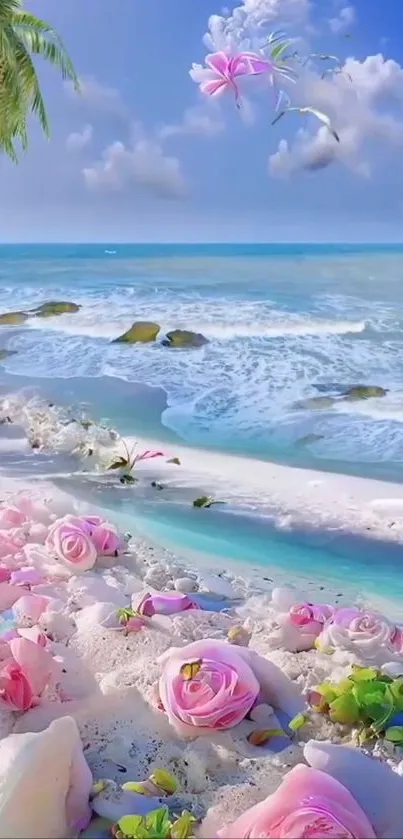 Serene beach with pink roses and ocean waves in a calming scene.