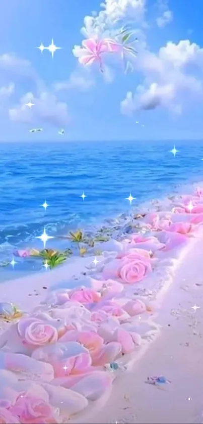 Beach with pink roses and blue ocean scene.