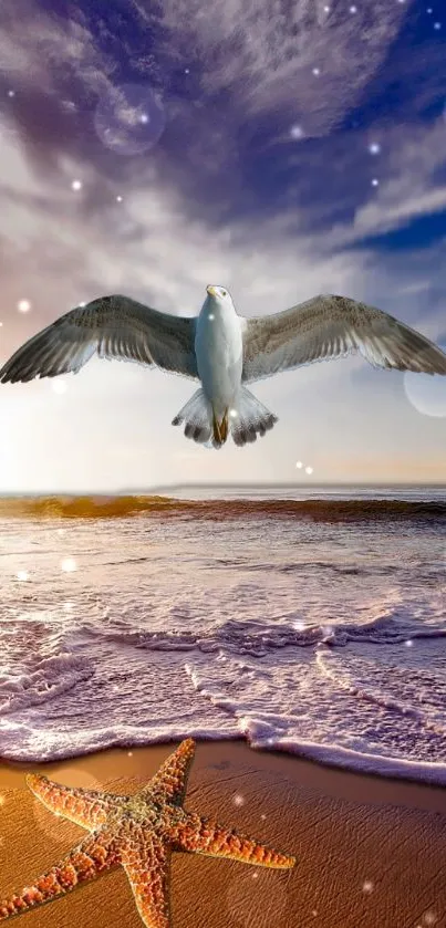 Seagull flies over a serene beach with ocean waves and starfish on the sand at sunset.