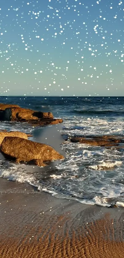 A tranquil beach with snowfall effect on a sunny day.