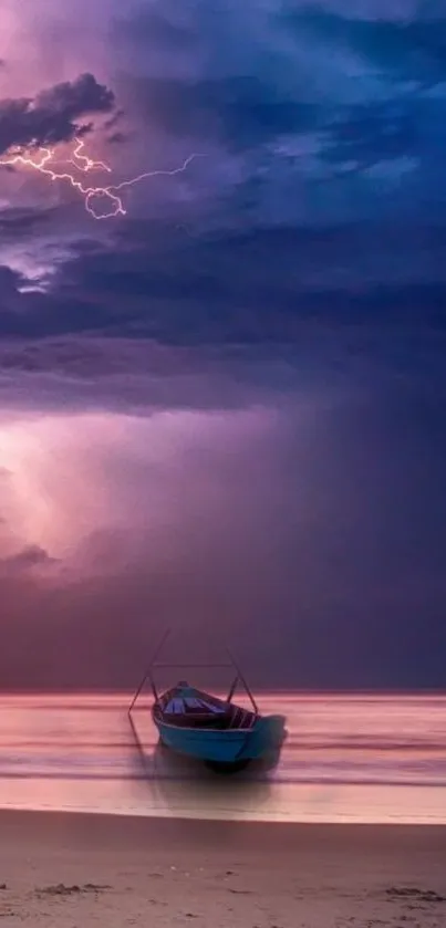 Peaceful beach with a boat under a stormy purple sky and distant lightning.