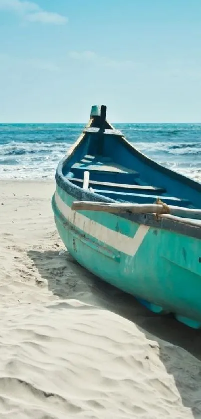 Tranquil beach scene with a blue wooden boat on sandy shore.