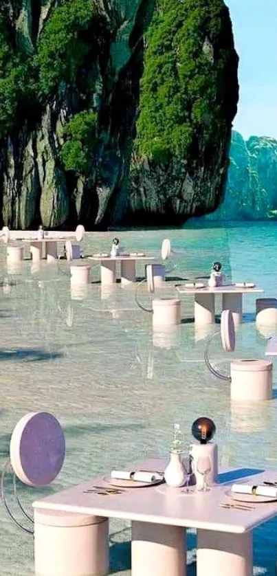 Beachfront dining tables on turquoise waters below green cliffs.