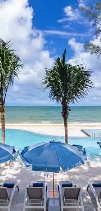 Serene beach with blue umbrellas and palm trees under a clear sky.