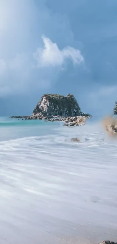 Beautiful serene beach with blue sky and rocky islands.