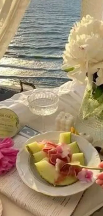 Relaxing beachside breakfast overlooking the ocean at sunrise.