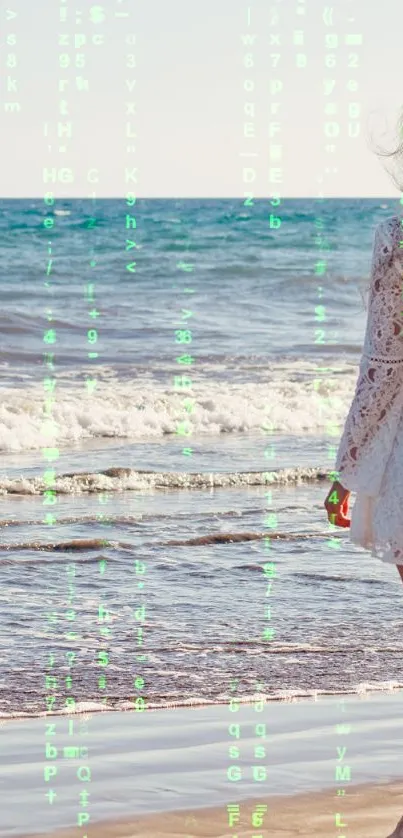 Woman in white dress walking along serene beach with ocean waves.