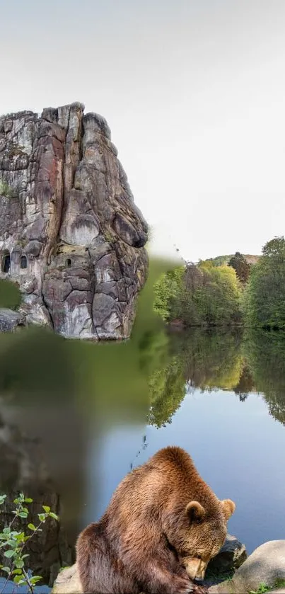 Bear by lake with rock formation reflected in water.