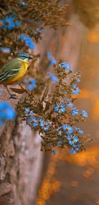 Bird perching on blue flowers with a golden glow background.