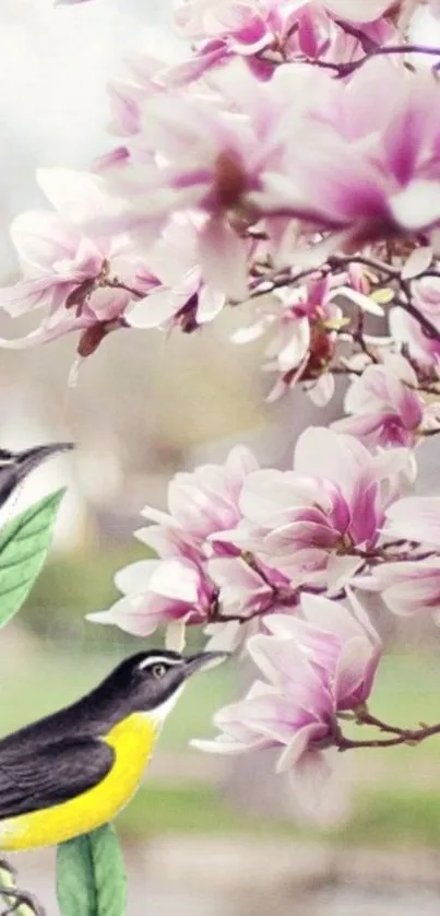 Wallpaper with birds and pink blossoms, creating a serene spring scene.