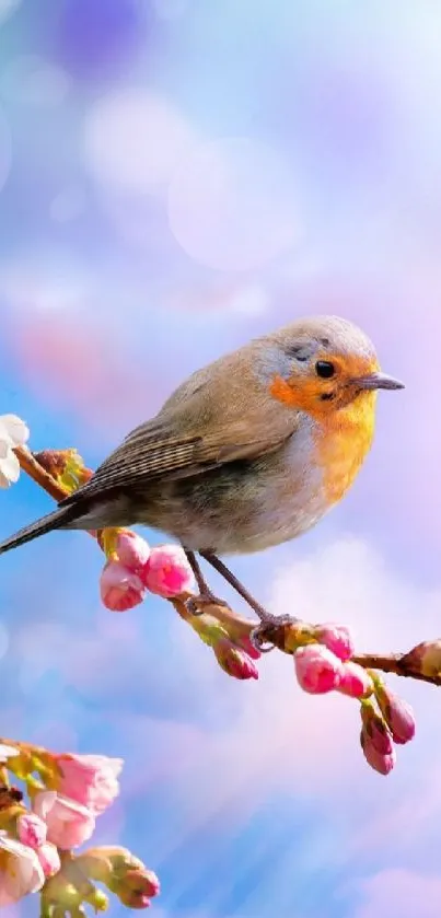 Bird on blossom branch with serene sky.