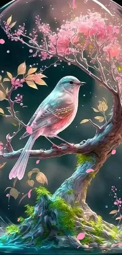 Bird on a cherry blossom tree under a dome, digital wallpaper art.