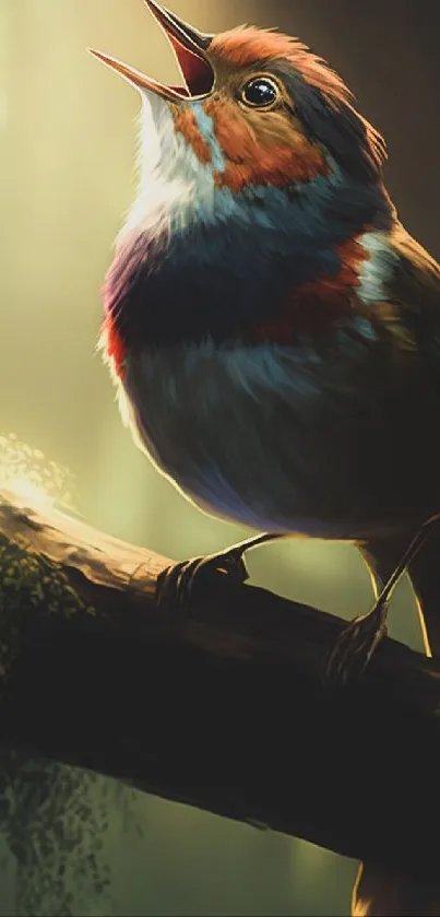 Colorful bird perched on a branch in a sunlit forest setting.